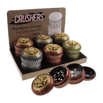 CRUSHERS 4-PIECE 63MM SPINNING WHEEL DESIGN METAL HERB GRINDER 6CT/DISPLAY